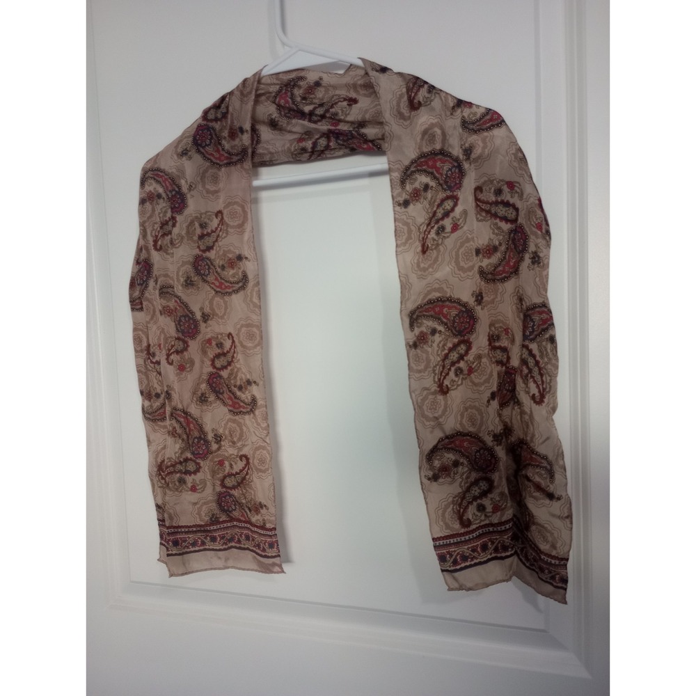 Paisley Chiffon Oblong Scarf 10" x 52" Taupe‎ Burgundy Floral Lightweight
